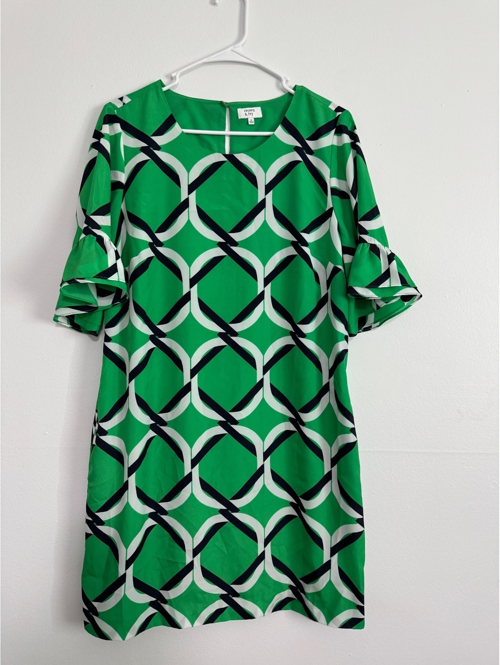 Crown & Ivy Green Geometric Print Dress with Ruffle‎ Sleeves Size 12
